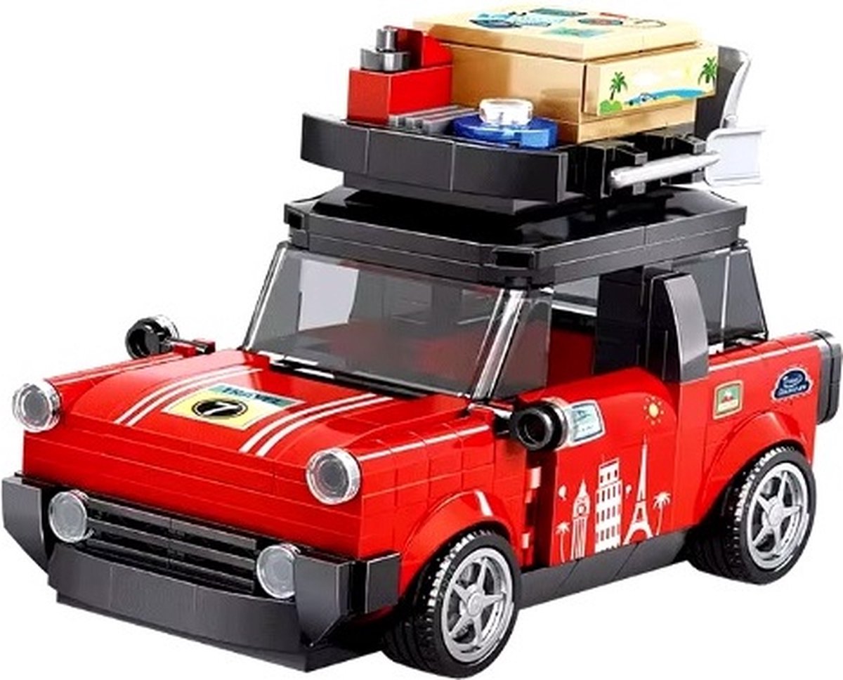 Bouwblokjes rode auto met koffer op het dak, 301 blokjes | te combineren met Lego | auto klassieke rally auto bouwpakket | rode sportwagen bouwpakket